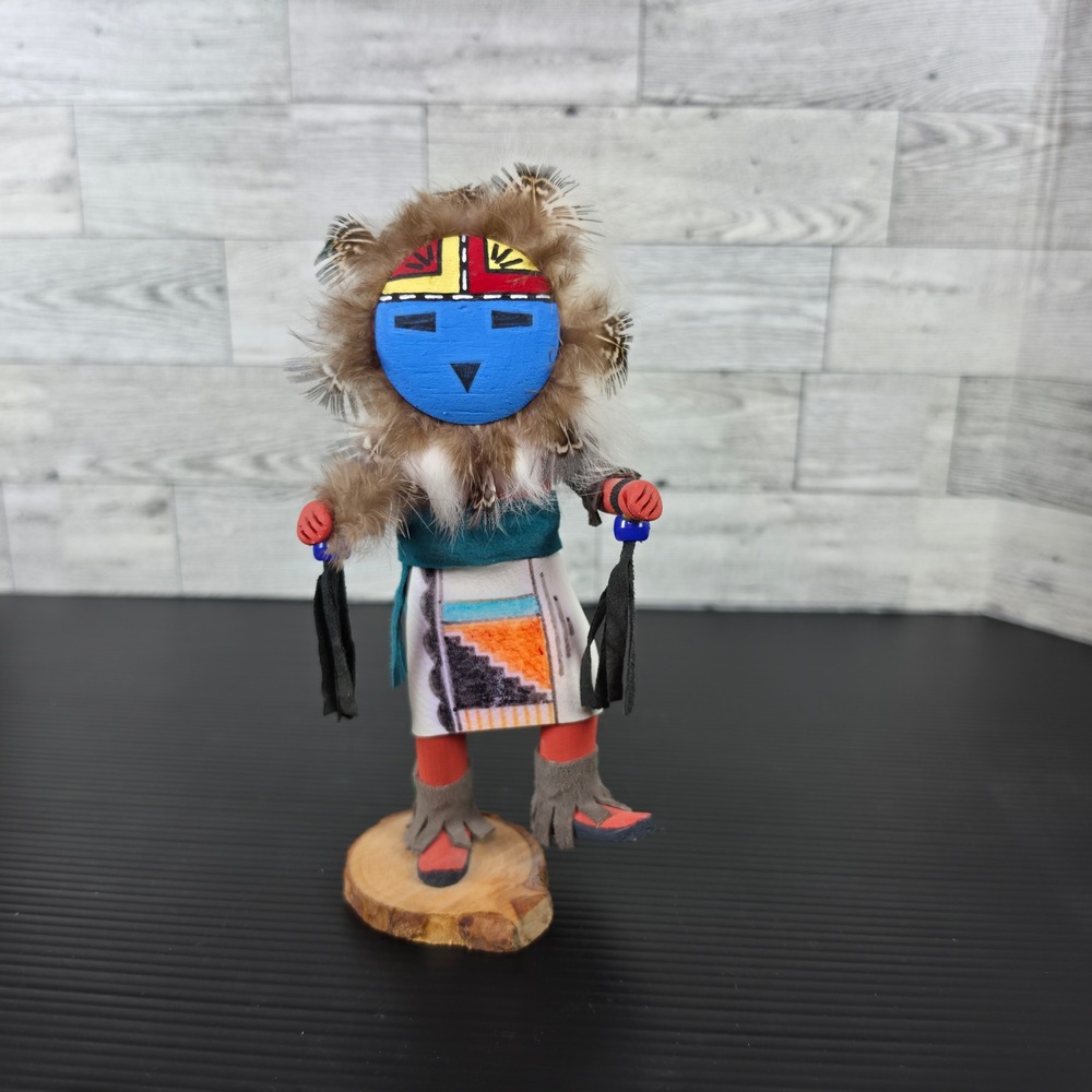 Sun Face Kachina Doll Hand Painted Wood Leather Feathers Signed MB 7.5 Inch